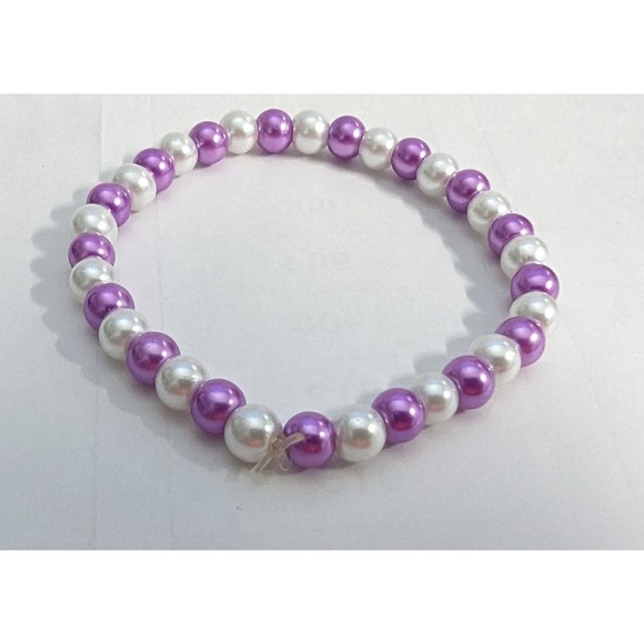 Lt Purple White Faux Pearl Bracelet Beaded Stretch Handmade Classic Jewelry Gift - Picture 3 of 3